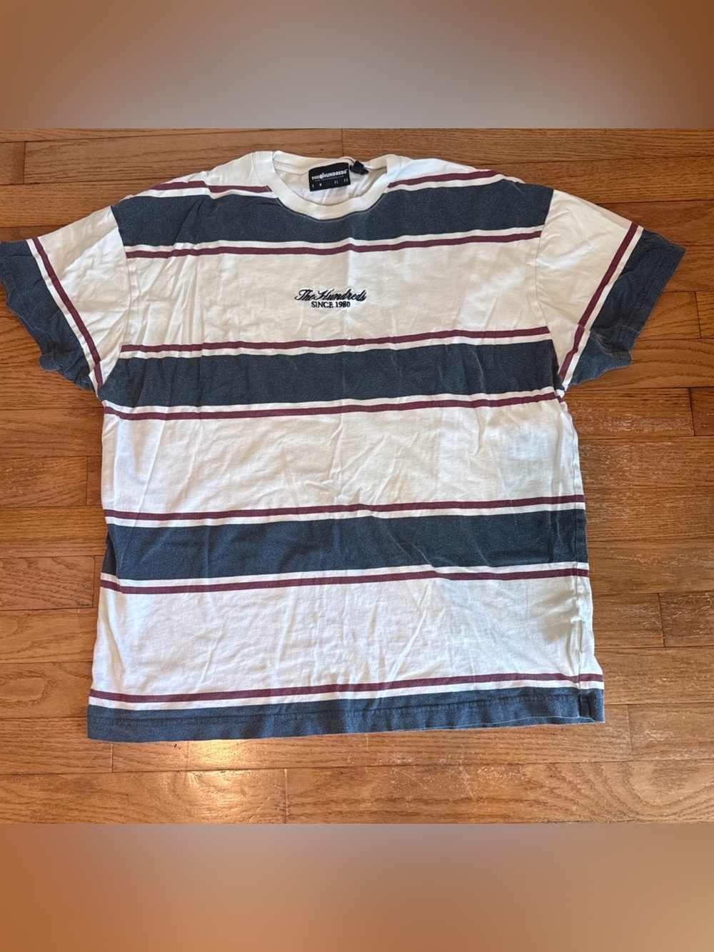 The Hundreds White Navy and Burgundy Striped Short-Sleeve Tee size large